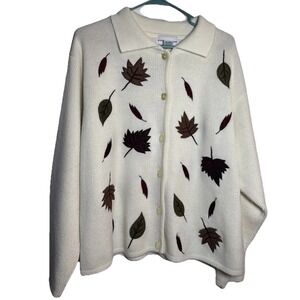 Vintage Croft & Barrow‎ Fall Leaf Sweater XL Cream Embroidered Hong Kong